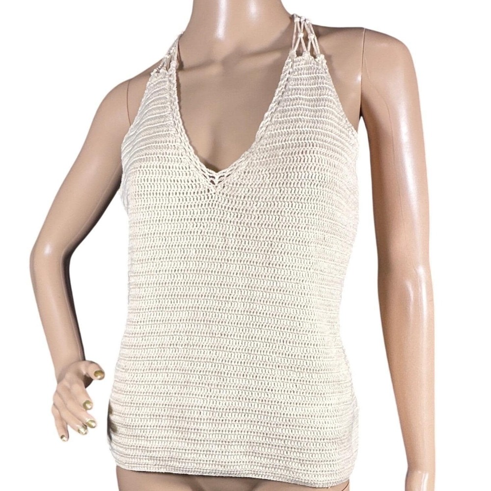Vtg Lauren Ralph Lauren Halter Top Women P/S Cream Crochet Knit Bamboo Ring Boho